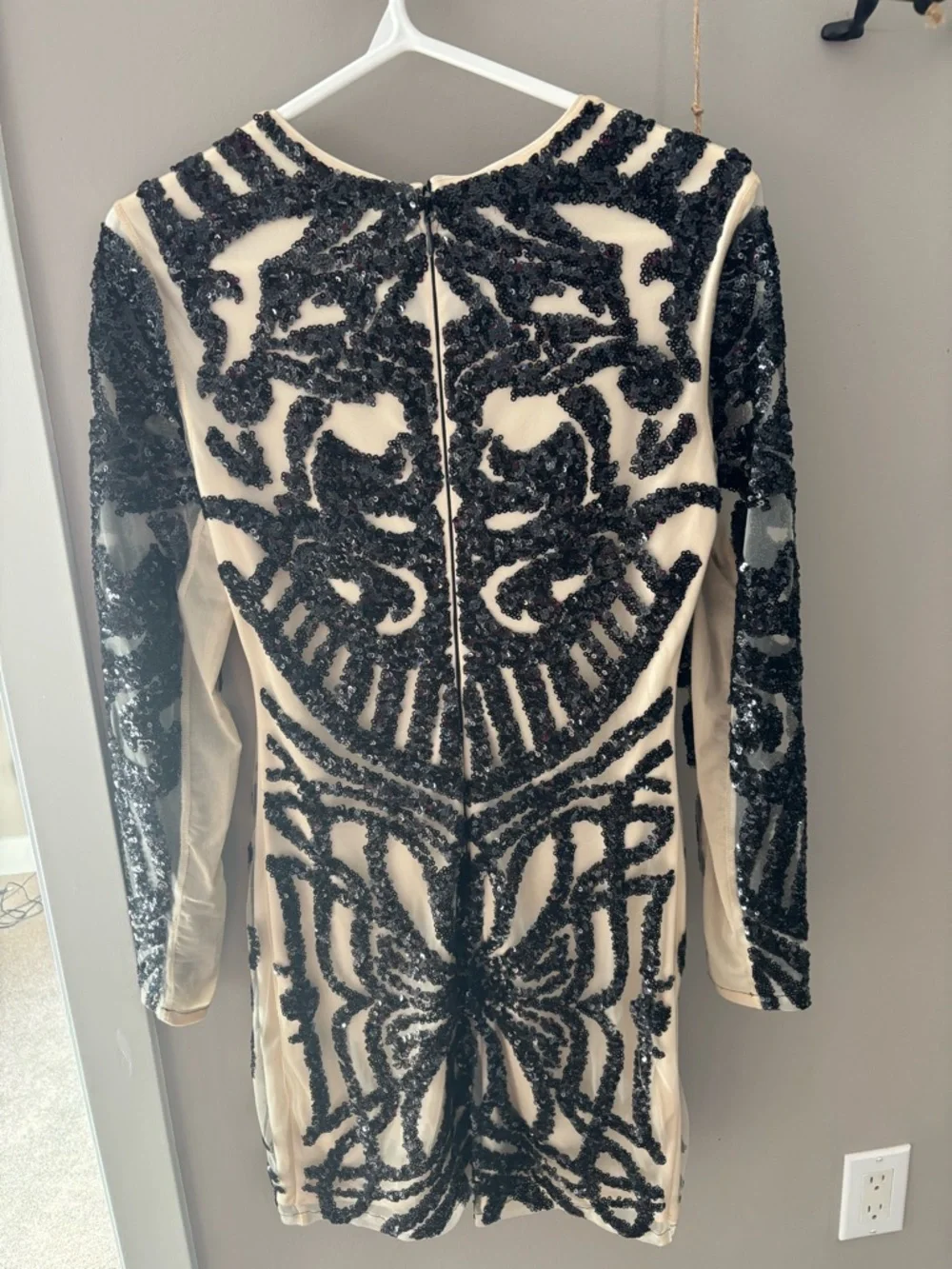bebe Black and Ivory Sequin Mesh Long Sleeve Mini Dress - Picture 6 of 6